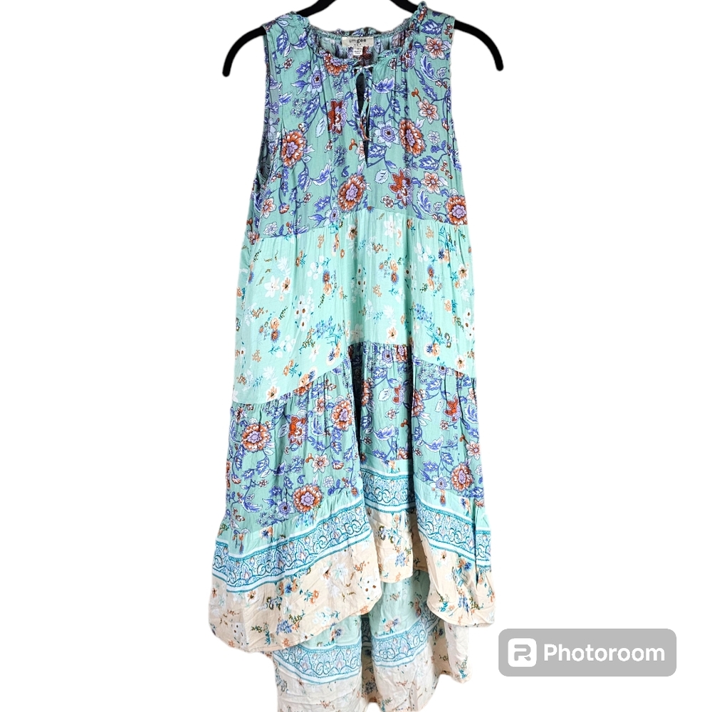 Umgee Pink and Green Asymmetrical Tiered Sundress